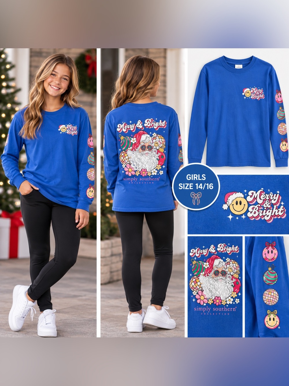 Simply Southern Blue 'Merry & Bright' Long-Sleeve Kids Tee-NWOT